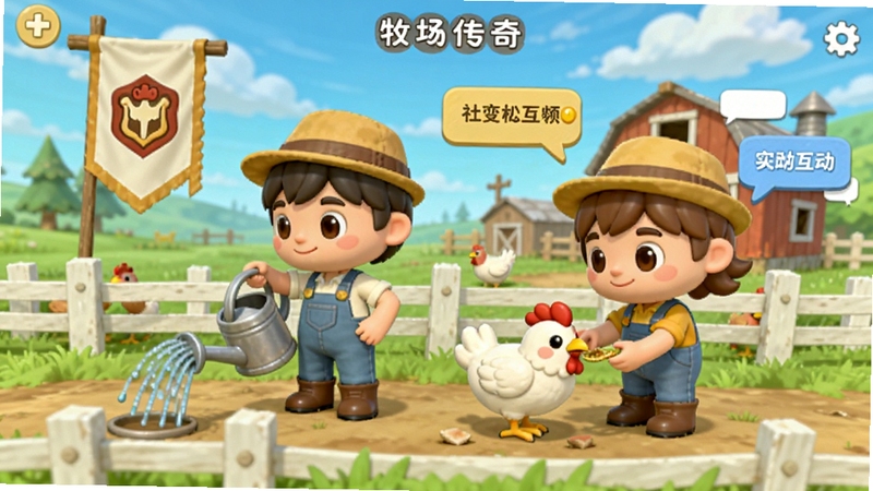 牧场传奇社交互动界面,画面展示两个玩家角色在牧场中互相帮助,一个在浇水一个在喂鸡,背景有公会旗帜和聊天气泡,氛围友好温馨,卡通风格,适合Boogu模型生成