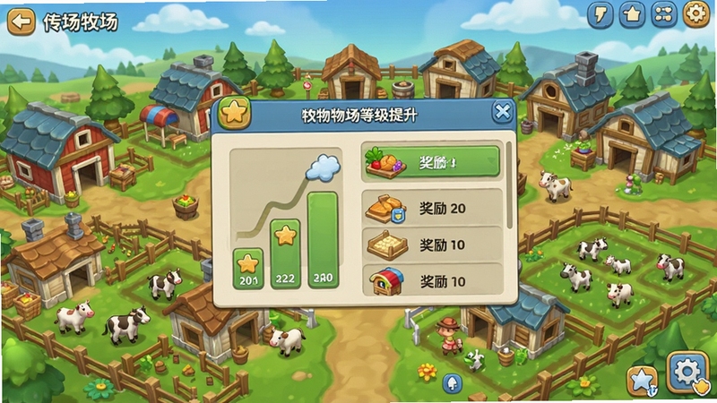 牧场传奇游戏界面截图,展示牧场等级提升弹窗和奖励列表,背景是繁荣的牧场全景,有各种建筑和动物,卡通风格,色彩明快,适合Boogu模型生成