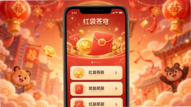 口袋苍穹 红包福利界面 金币与红包图标 奖励列表 喜庆红金配色 手机屏幕展示 居中构图