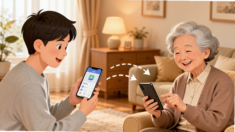 常护亲驿站远程协助功能示意插画,画面左侧为年轻子女手持手机进行指导,右侧为长辈微笑操作手机,中间以虚线箭头连接表示远程沟通,背景为温暖的家庭客厅场景,色调柔和温馨