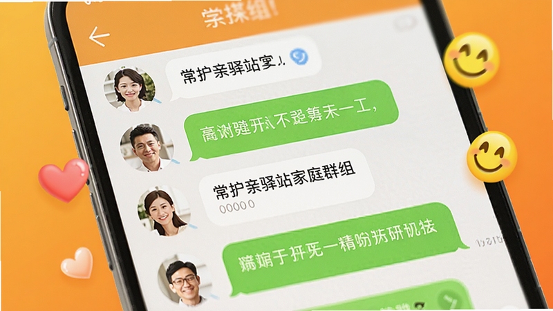常护亲驿站家庭群组聊天界面展示,画面主体为手机屏幕内显示家庭成员头像与聊天气泡,背景为暖橙色渐变,画面中点缀爱心与笑脸图标,整体风格活泼亲切