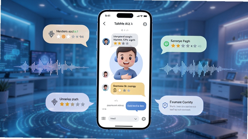 TalkMe AI�Ի���������չʾ���ֻ���Ļ��ʾAI��ɫ���û�����Ӣ��Ի��������з������֡��﷨������ʾ����Χ���ƶԻ����ݺ���������ͼ���Ƽ��б���������ɫ����������Ⱦ