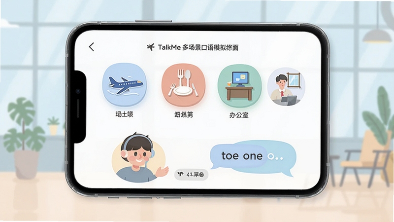 TalkMe�ೡ������ģ����棬�ֻ���Ļչʾ�������������칫�ҵȳ���ͼ�꣬�û�ѡ�񳡾�����жԻ���ϰ����������ֱ�ۣ��廭������ɫ��