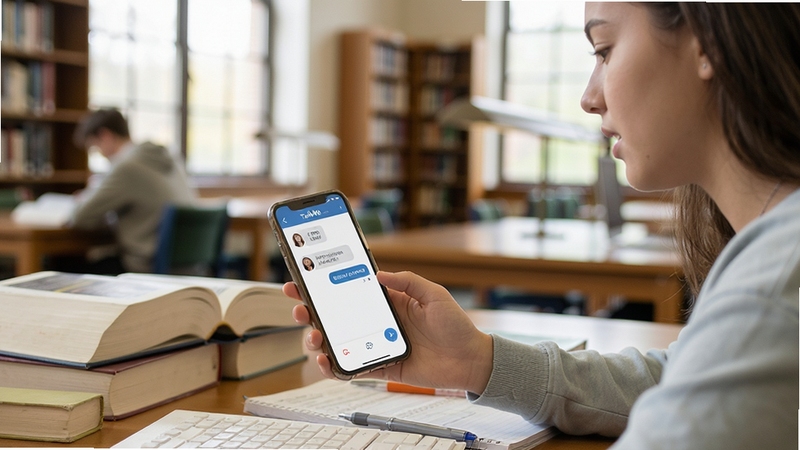 TalkMe�û�ʹ�ó�����һλѧ����ͼ���ʹ��TalkMe��ϰӢ�����ֻ���Ļ��ʾAI�Ի����棬��Χ���鼮��ѧϰ��Ʒ������רע�ķ�Χ����Ȼ���ߣ�����дʵ���