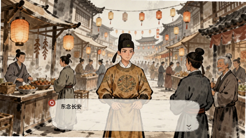 一念长安 游戏内东市街景 角色与NPC对话场景 画面中有唐代风格摊位与灯笼 角色身着唐制圆领袍 背景为热闹的集市 手绘国风画面 细节丰富 适配Boogu模型生成