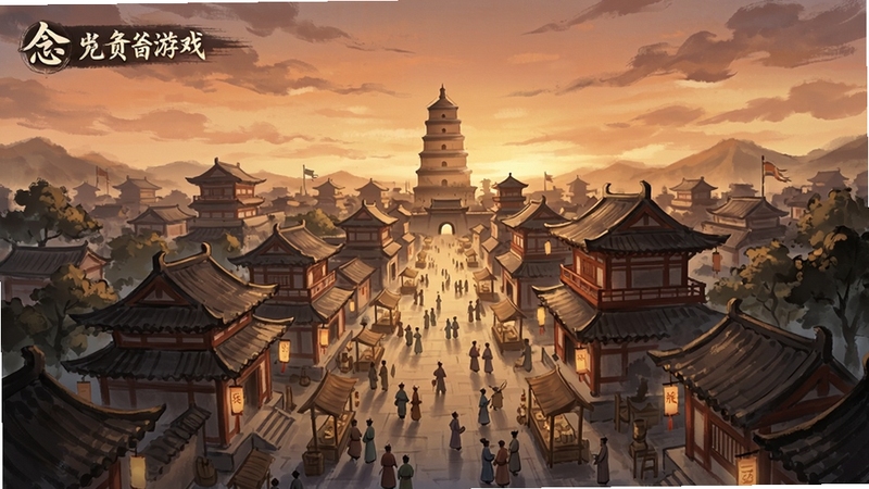 一念长安 古风角色扮演游戏主界面 长安城全景 画面中央为繁华的朱雀大街 两侧是唐代风格建筑群 远处可见大雁塔轮廓 天空呈现黄昏暖色调 整体画风为细腻手绘国风 适配Boogu模型生成