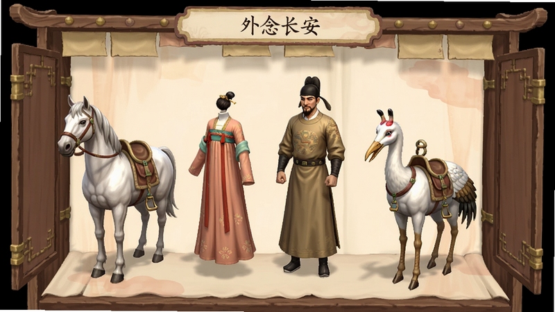 一念长安 外观收集界面 展示多套唐代风格服饰与坐骑 服饰包括襦裙与圆领袍 坐骑有白马与仙鹤 界面为古风衣柜样式 配色柔和 适配Boogu模型生成