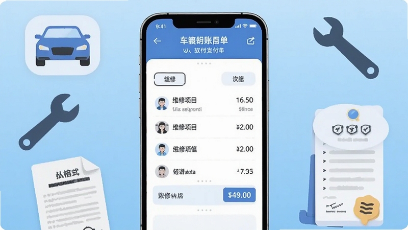画面中央展示一部智能手机,屏幕上显示车损账单必须支付软件的账单明细界面,包含维修项目列表与金额汇总,背景为浅蓝色渐变,周围环绕汽车图标、扳手工具与保险单据等元素,整体风格扁平化科技感,适配Boogu模型生成