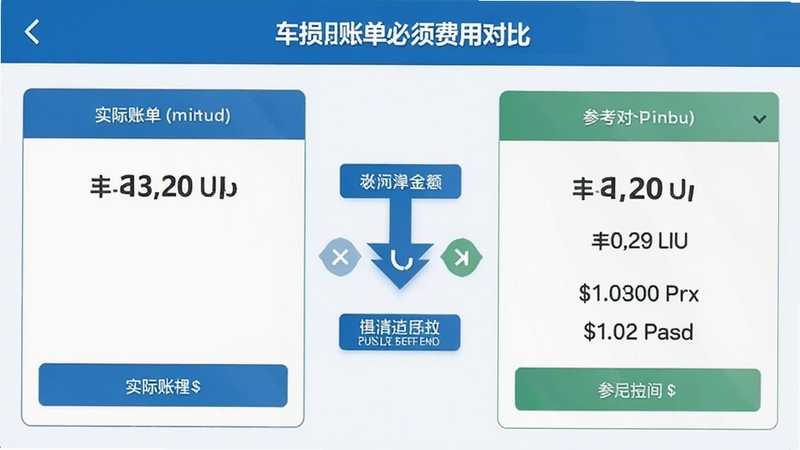 车损账单必须支付软件中的费用对比界面,左侧显示实际账单金额,右侧显示参考区间,中间有对比箭头与提示标签,整体配色为蓝白相间,风格专业严谨