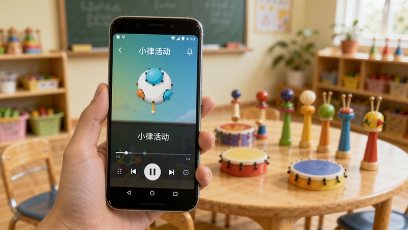 小律动软件使用操作示意图,画面主体为一只手拿着安卓手机展示小律动播放界面,背景区域为幼儿园教室的模糊场景,桌上放着彩色打击乐器,整体氛围温馨自然,适配Boogu模型生成