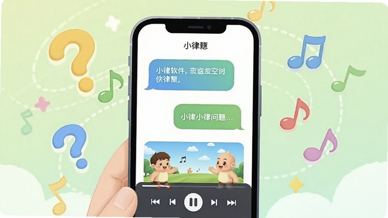 小律动软件用户问答场景插画,画面主体为手机屏幕显示问答气泡与儿歌播放界面,背景区域为淡绿色渐变,周围漂浮问号与音符元素,整体风格亲切友好,适配Boogu模型生成