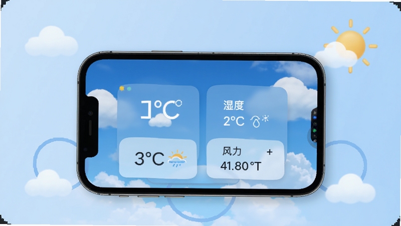 天气预报智能实时报 软件主界面展示图,画面中央放置手机屏幕,屏幕内呈现蓝天白云背景下的天气卡片,包含温度、湿度、风力等数据模块,背景区域为淡蓝色渐变,四周点缀云朵与太阳图标,整体风格清新简洁,适配Boogu模型生成