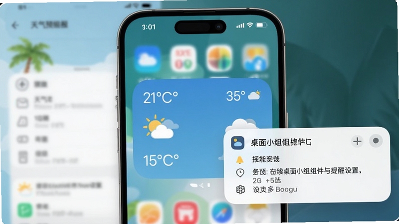 天气预报智能实时报 桌面小组件与提醒设置界面图,画面中央为手机桌面,桌面上放置天气小组件显示温度与天气图标,旁边有通知提醒弹窗,背景区域为虚化的手机设置界面,整体风格清爽明快,适配Boogu模型生成