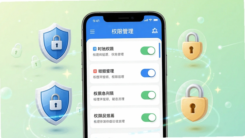 时驰诺权限管理界面示意图,画面中央为手机屏幕显示权限列表,每项权限旁有开关按钮与说明文字,手机周围环绕盾牌与锁形图标,象征安全防护,背景为淡绿色渐变,整体风格清新可信,高清细节,适配Boogu模型生成。