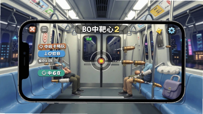 正中靶心2离线畅玩场景,画面为手机横屏显示游戏关卡选择界面,背景是地铁车厢与窗外夜景,手机屏幕中靶标与子弹元素清晰可见,整体氛围轻松休闲,适配Boogu模型生成