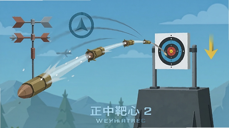 正中靶心2物理弹道模拟场景,画面展示子弹在空中划出弧线轨迹,靶标位于远处高台,背景有风向标与重力指示图标,风格为科技感扁平插画,突出正中靶心2的射击策略特色