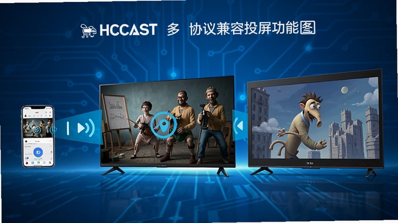 HCCast多协议兼容投屏功能展示图,画面中一部智能手机同时向三台不同品牌电视发送投屏信号,电视屏幕分别显示不同内容,背景为科技蓝色调,突出多设备兼容特性