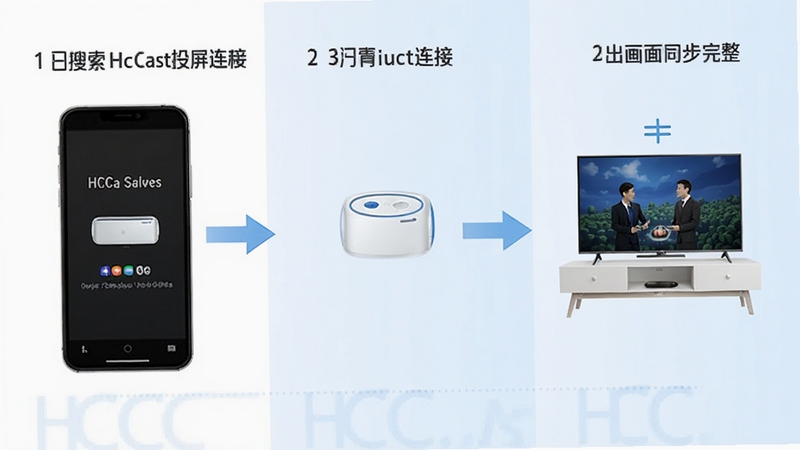 HCCast投屏连接步骤操作流程图,画面分三步展示手机搜索设备、点击连接、画面同步至电视的完整过程,背景为简洁的白色与浅蓝色调,突出操作流程的清晰性
