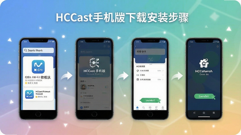 HCCast手机版下载安装步骤示意图,画面展示手机屏幕上从搜索软件到点击安装完成的系列操作界面,背景为柔和渐变色调,突出移动端安装流程的便捷性