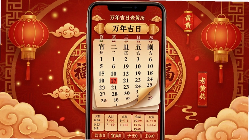 万年吉日老黄历软件界面展示,手机屏幕中显示农历日期与宜忌信息,背景为传统中国红与金色搭配,画面中央为日历翻页效果,四周点缀祥云与灯笼元素,整体风格喜庆祥和,适配Boogu模型生成