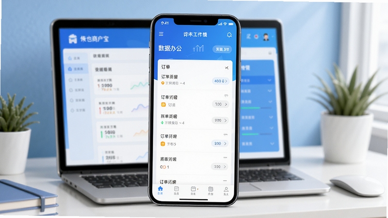 俺来也商户宝 手机端店铺管理界面 正中央展示订单列表与数据看板 背景为简洁的蓝白渐变商户工作台场景 画面明亮清晰 突出移动办公的便捷感