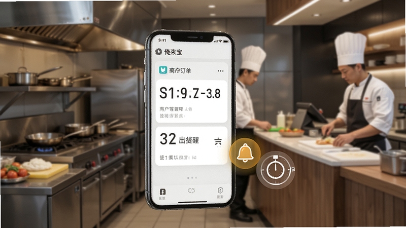俺来也商户宝 订单管理功能展示图 画面中一部手机屏幕显示实时订单卡片 旁边有出餐提醒图标和计时器元素 背景为餐厅后厨与前台交接场景 整体风格现代简洁