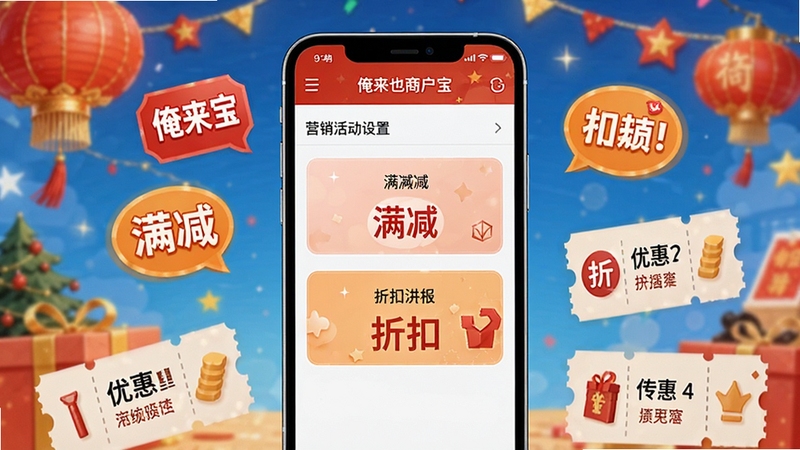 俺来也商户宝 营销活动设置页面 手机屏幕展示满减与折扣选项 周围有促销标签和优惠券元素 背景为节日促销氛围 色彩活泼温暖