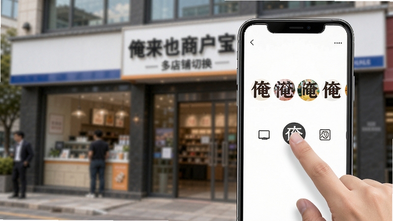 俺来也商户宝 多店铺切换功能 画面展示手机界面中多个店铺头像并列 手指轻触切换 背景为连锁门店外观虚化 风格干净利落