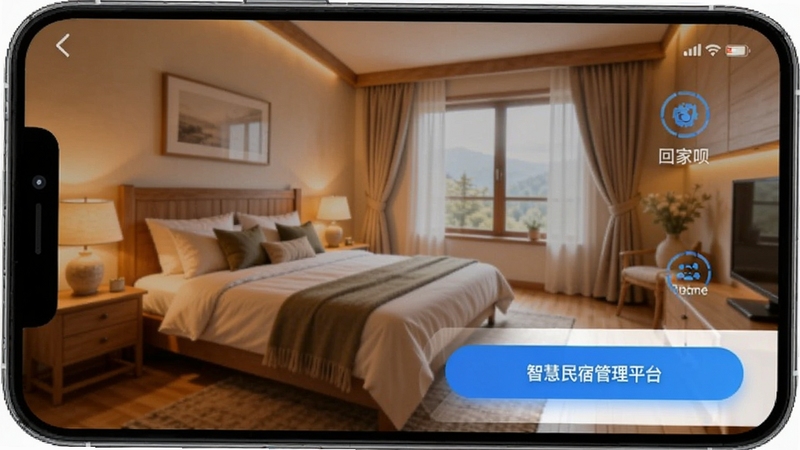 回家呗 智慧民宿管理平台 手机端界面展示 温馨民宿房间背景 蓝色科技感图标 清晰的操作按钮 现代化UI设计