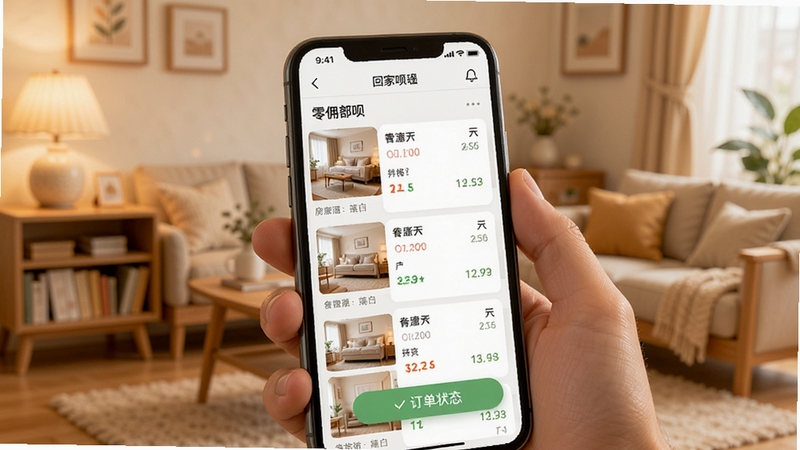 回家呗 零佣金房源管理界面 手机屏幕显示房源列表 价格日历 订单状态 简洁扁平化设计 温馨家居风格