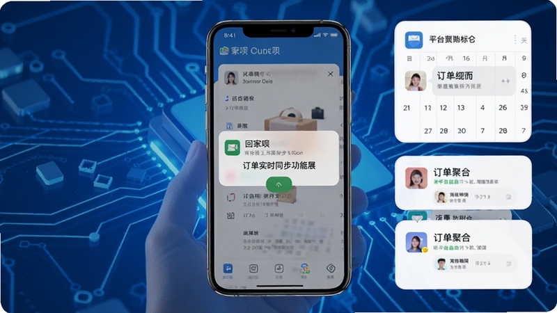 回家呗 订单实时同步功能展示 手机通知弹窗 日历标记 多平台订单聚合 蓝色科技背景