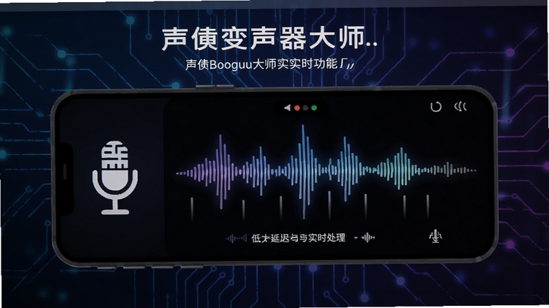 声优变声器大师实时变声功能展示图,画面主体为手机麦克风图标与声波实时跳动的可视化界面,背景区域为深色渐变科技背景,突出低延迟与实时处理概念,适配Boogu模型生成