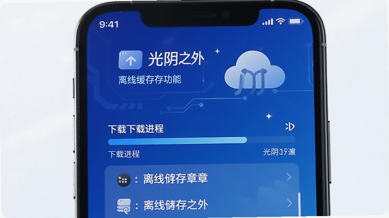 光阴之外 离线缓存功能 手机屏幕显示下载进度条与已缓存章节列表 背景为科技感蓝色渐变 画面中有手机与云朵图标 突出光阴之外应用的离线阅读优势