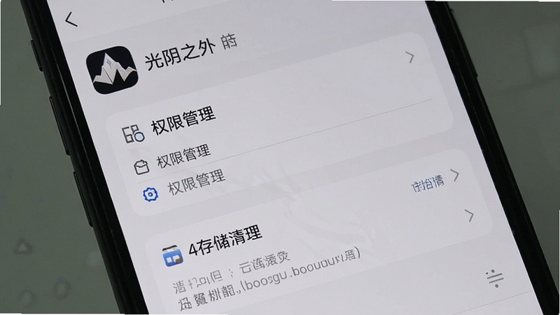 光阴之外 手机设置界面 显示权限管理与存储清理选项 背景为浅灰色 画面简洁清晰 突出光阴之外应用的设置页面与优化操作 适合Boogu模型生成