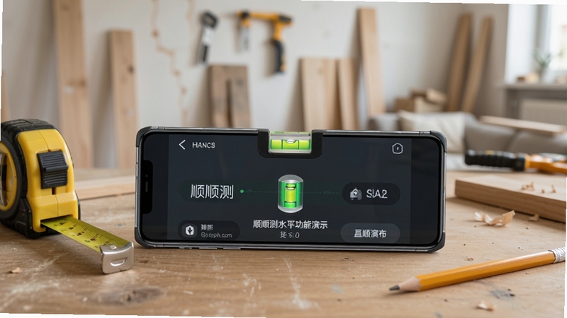 顺顺测水平仪功能演示场景,手机平放在木质桌面上,屏幕显示绿色水平气泡居中,背景为居家装修环境,旁边放置卷尺与铅笔,画面风格写实清晰,突出顺顺测软件界面