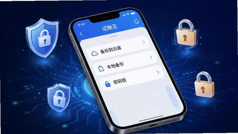 记账王数据安全与备份界面,画面展示手机屏幕中记账王应用的设置页面,包含备份到云端、本地备份、密码锁三个选项,屏幕周围有盾牌和锁形图标环绕,背景为深蓝色科技感渐变