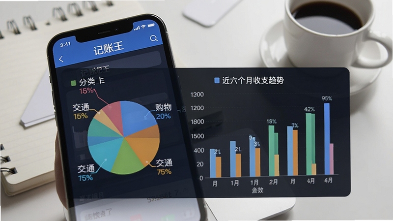 记账王统计图表页面,手机屏幕中显示记账王应用的饼状图与柱状图组合界面,饼图展示餐饮、交通、购物等分类占比,柱状图展示近六个月收支趋势,背景为简洁的办公桌面,有笔记本和咖啡杯