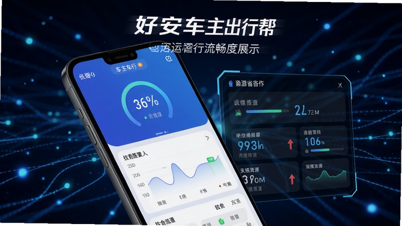 好安车主出行帮 运行流畅度展示图,手机屏幕显示软件运行界面与性能数据面板,背景为科技感蓝色线条与光点,突出稳定省资源的特性