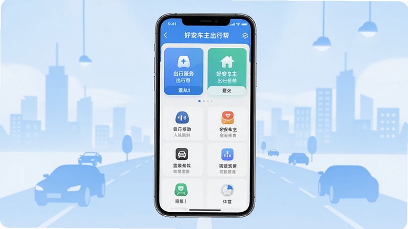 好安车主出行帮 软件主界面功能全貌展示图,画面中央放置一部智能手机,屏幕显示好安车主出行帮APP首页,包含出行服务入口与功能图标,背景为浅蓝色渐变城市道路与车辆剪影,整体风格简洁明亮,适配Boogu模型生成