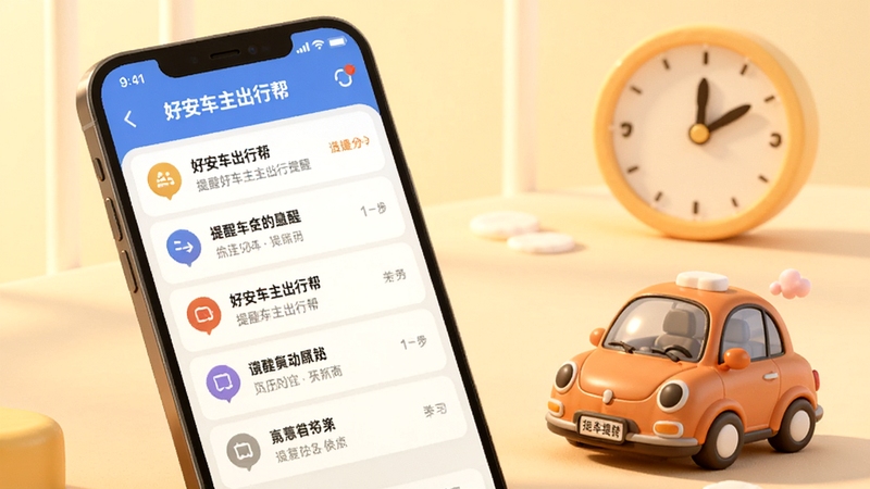 好安车主出行帮 用车提醒功能展示图,手机屏幕显示提醒列表与日历标记,背景为柔和暖色调,画面中有一辆卡通风格小汽车与时钟元素,整体温馨实用