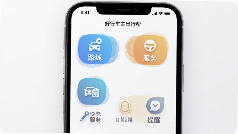 好安车主出行帮 出行服务快捷入口界面示意图,手机屏幕展示清晰的图标矩阵,包含路线、服务、提醒等模块,背景为干净白色与淡灰色搭配,突出简洁高效的操作体验