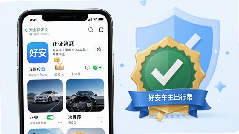 好安车主出行帮 正规下载渠道与安全认证标识展示图,画面展示手机屏幕上的应用商店页面与安全认证徽章,背景为淡蓝色盾牌与勾选图标,突出安全正规