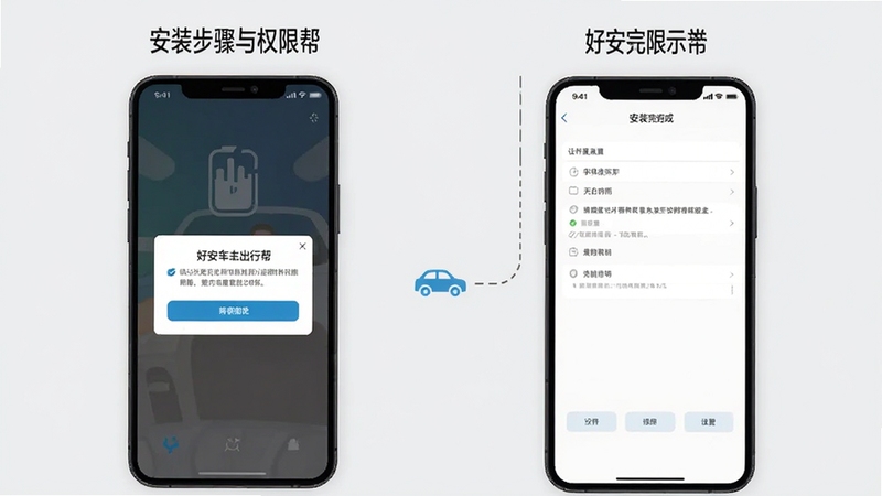好安车主出行帮 安装步骤与权限设置示意图,画面展示手机屏幕从下载到安装完成的流程,包含权限弹窗与设置界面,背景为浅灰色,风格清晰直观