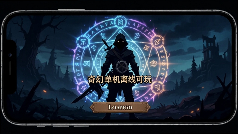 奇幻猎人离线模式启动画面,手机屏幕显示游戏加载界面,背景是猎人剪影与魔法阵,突出单机离线可玩特点