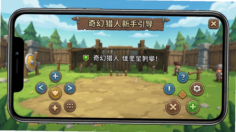 奇幻猎人新手引导界面,手机屏幕显示操作按键布局与教学提示,背景为训练场,风格简洁明了