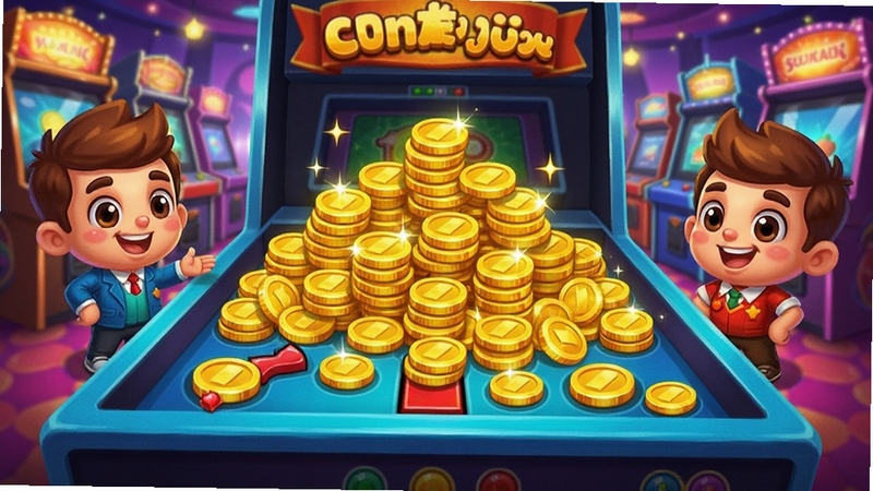 推币高手游戏主界面截图,画面中央是堆满金币的推币台,两侧有可爱的卡通角色,背景是明亮的电玩城风格,色彩鲜艳,金币闪闪发光,整体氛围轻松欢乐
