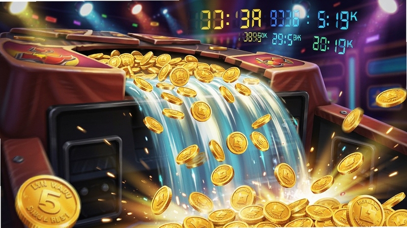 推币高手金币瀑布特效画面,大量金色硬币从推币台边缘倾泻而下,背景有炫彩灯光和数字分数跳动,画面动感十足,突出推币高手带来的视觉冲击