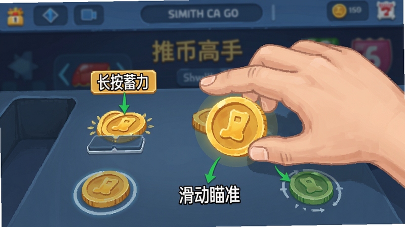 推币高手新手操作界面示意图,画面中一只手正在点击屏幕推动金币,旁边标注“长按蓄力”“滑动瞄准”等操作提示,背景为简洁的游戏界面,突出上手简单