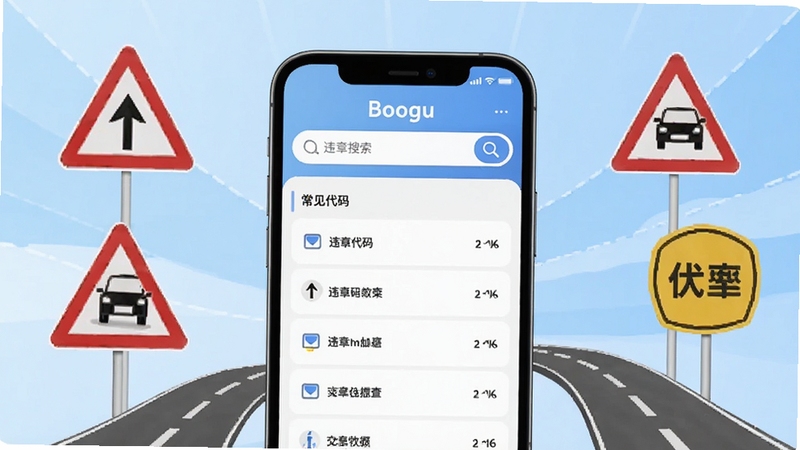 交通违规代码快查软件主界面展示,画面中央为手机屏幕,屏幕内呈现违章代码搜索框与常见代码列表,背景为浅蓝色渐变,周围点缀交通标志与道路元素,整体风格简洁清爽,适配Boogu模型生成