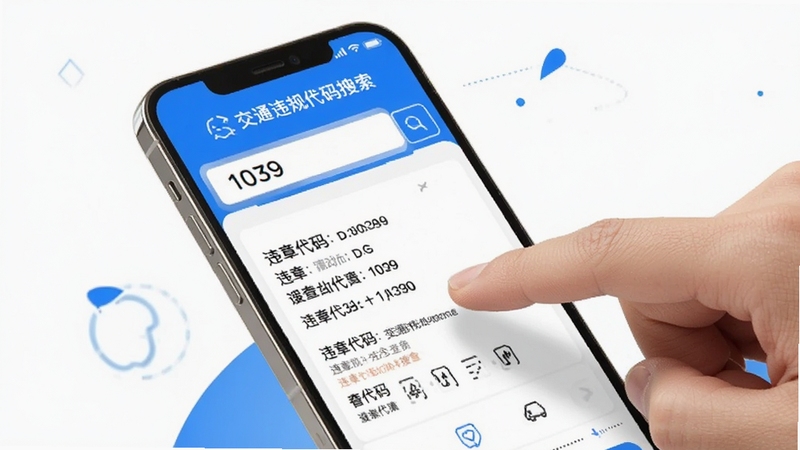 交通违规代码快查搜索界面,画面主体为手指点击手机屏幕上的搜索框,屏幕显示“1039”查询结果与违章代码详情,背景为干净白色与蓝色点缀,突出快捷查询的特点